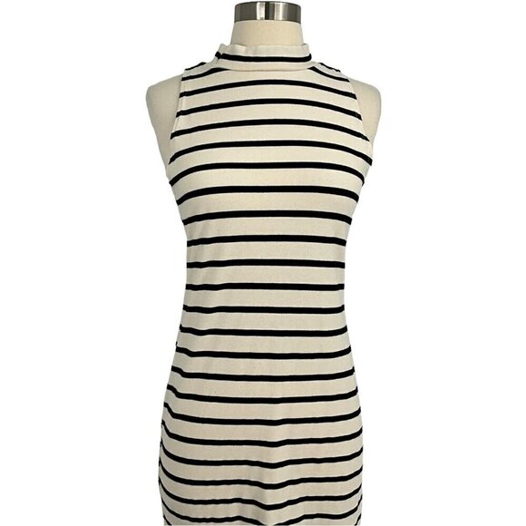 Monrow Size M Striped Midi Dress White Black Sleeveless Mock Neck Knee Length - Picture 6 of 11